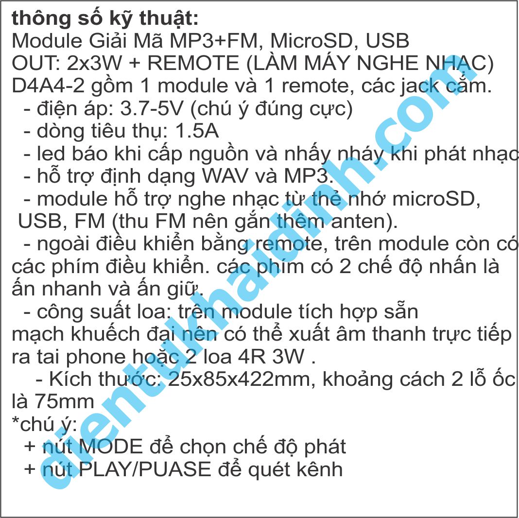 Module Giải Mã MP3+FM, SD, USB, LED + REMOTE (LÀM MÁY NGHE NHẠC) D4A3 kde4333