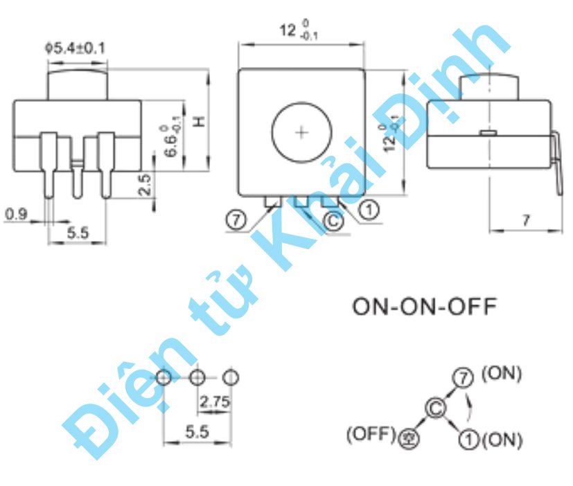 Công tắc nút nhấn đèn pin ấn giữ 3P chân cắm 3 vị trí 1A 30V 12x12x9mm kde4348