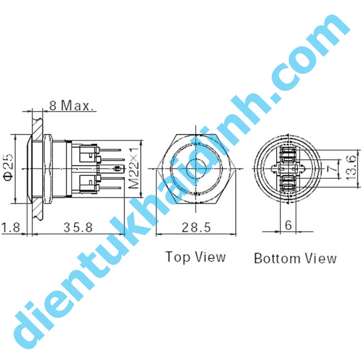 Nút nhấn inox chống nước, dạng tròn khoét lỗ 22mm, nút nhấn đề, nhấn nhả GQ22 đầu phẳng led vòng tròn 12-24V kde4655