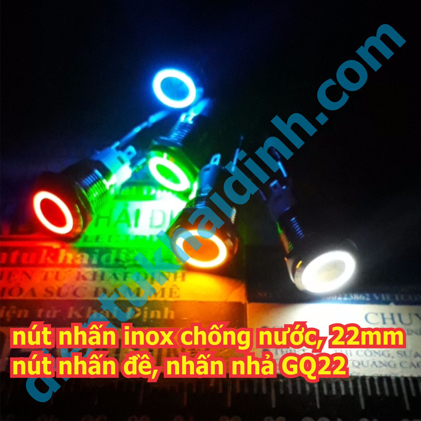 Nút nhấn inox chống nước, dạng tròn khoét lỗ 22mm, nút nhấn đề, nhấn nhả GQ22 đầu phẳng led vòng tròn 12-24V kde4655