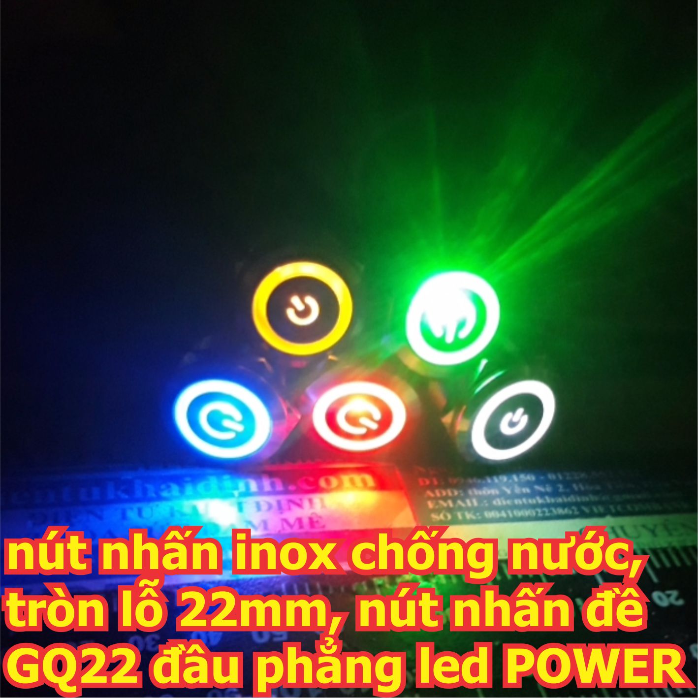 Nút nhấn inox chống nước, dạng tròn khoét lỗ 22mm, nút nhấn đề, nhấn nhả GQ22 đầu phẳng led POWER 12-24V kde4660