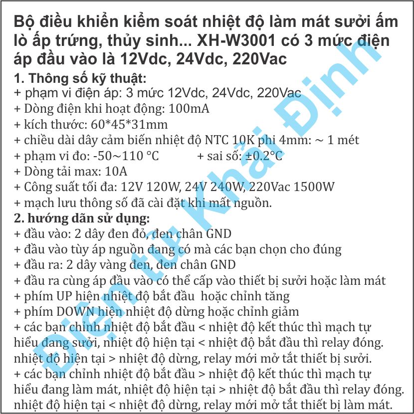 Bộ điều khiển kiểm soát nhiệt độ làm mát sưởi ấm lò ấp trứng thủy sinh XH-W3001 12Vdc 24Vdc 220Vac kde5052