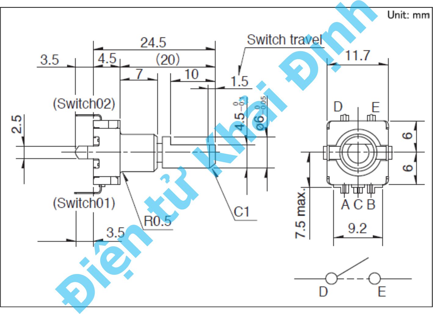 biến trở âm thanh encoder 360 độ vô cấp EC-11 cao 15mm / 20mm đầu tròn / chữ D, khắc rãnh / nhẵn kde5218