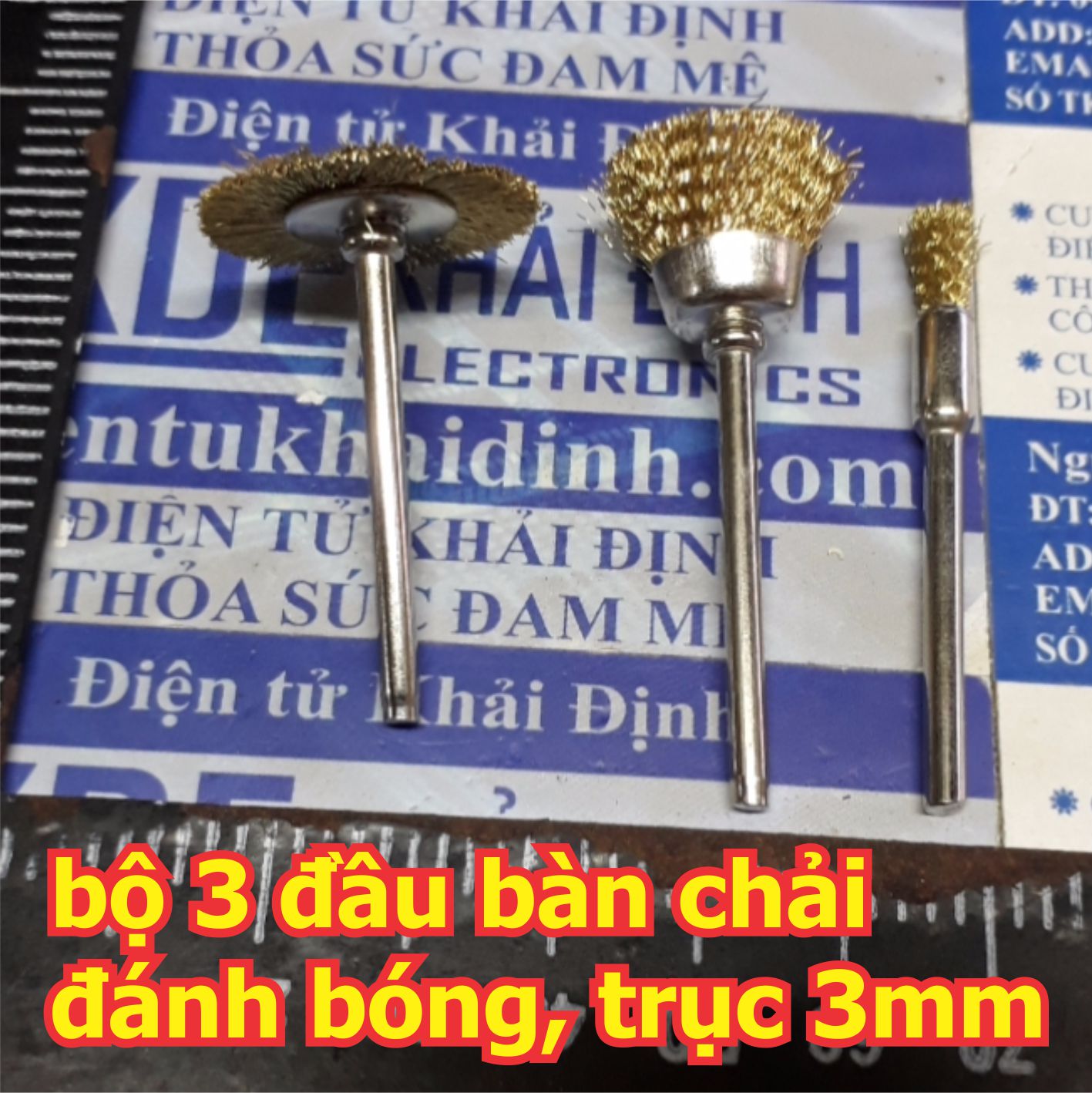 bàn chải, 3 kiểu dùng mài, đánh bóng kim loại, ốc vít, board đồng… trục 3mm kde5508