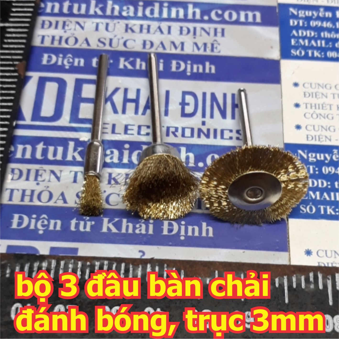bàn chải, 3 kiểu dùng mài, đánh bóng kim loại, ốc vít, board đồng… trục 3mm kde5508