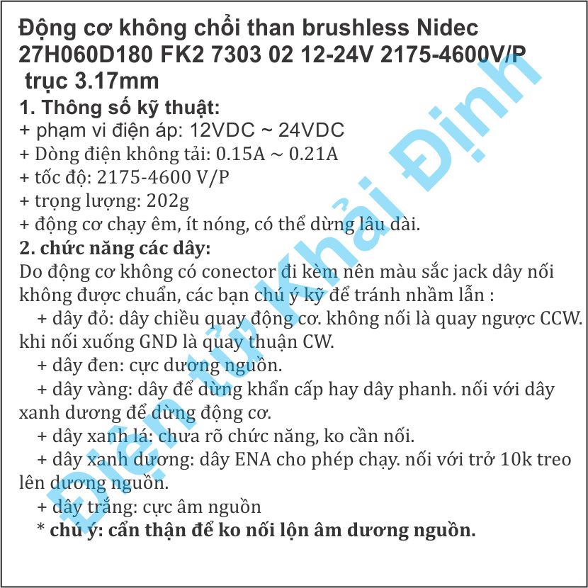 Động cơ không chổi than brushless Nidec 27H060D180 FK2 7303 02 12-24V 2175-4600V/P trục 3.17mm kde5784