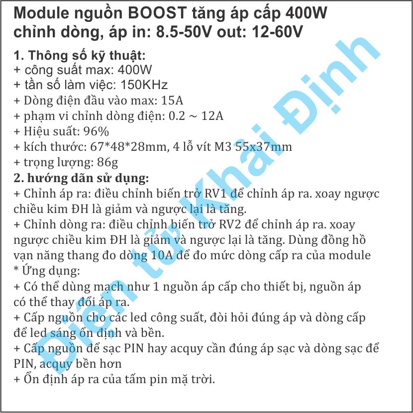 Module nguồn BOOST tăng áp cấp 400W chỉnh dòng, áp in: 8.5-50V out: 12-60V kde6061