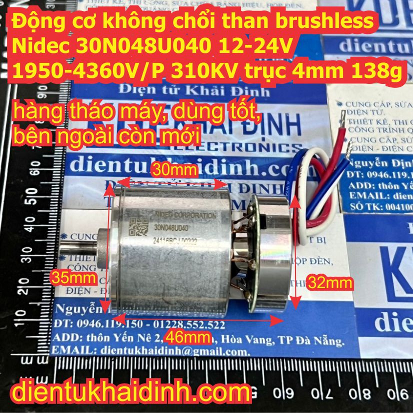 Động cơ không chổi than brushless Nidec 30N048U040 12-24V 1950-4360V/P 310KV trục 4mm 138g kde6062