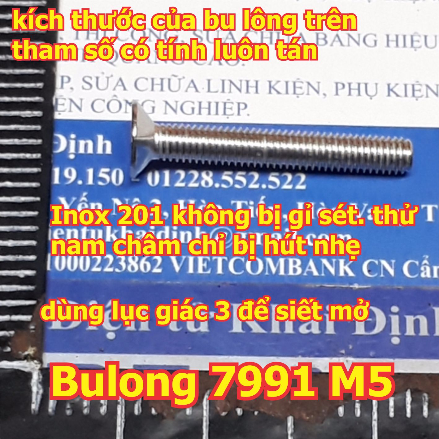 bulong bu lông vít pake DIN7991, đầu bằng, lỗ lục giác chìm, inoc inox 201 M5 các loại dài 8mm ~ 50mm kde6246