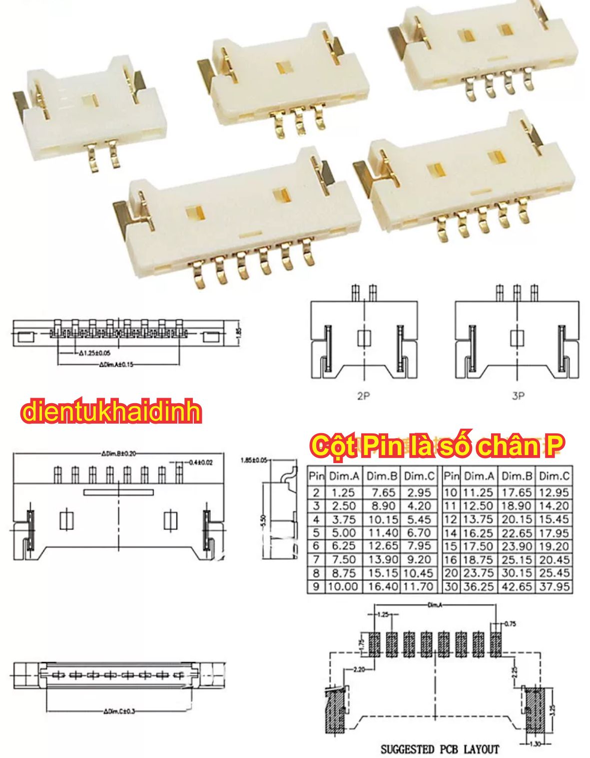 5 cái Chân hàn dán PCB BUS MX1.25mm JST 1.25 mỏng 2 chân cách nhau 1.25mm 2P 3P 4P 5P 6P 8P kde6481