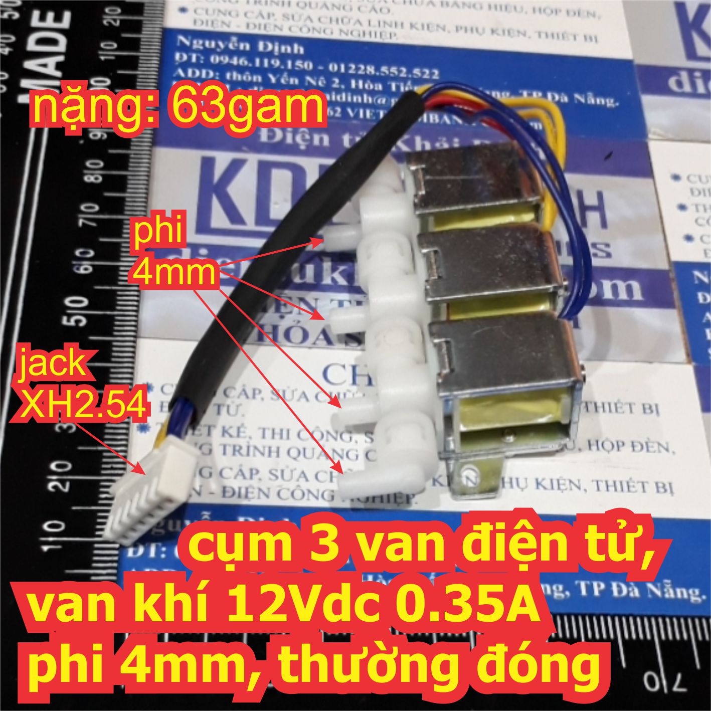 cụm 3 van điện tử, van khí 12Vdc 0.35A lỗ ống phi 4mm, thường đóng kde6731