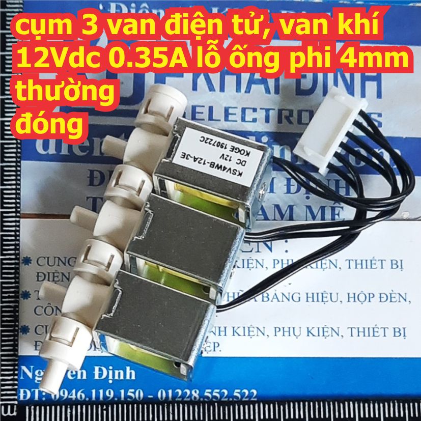 cụm 3 van điện tử, van khí 12Vdc 0.35A lỗ ống phi 4mm, thường đóng kde6731