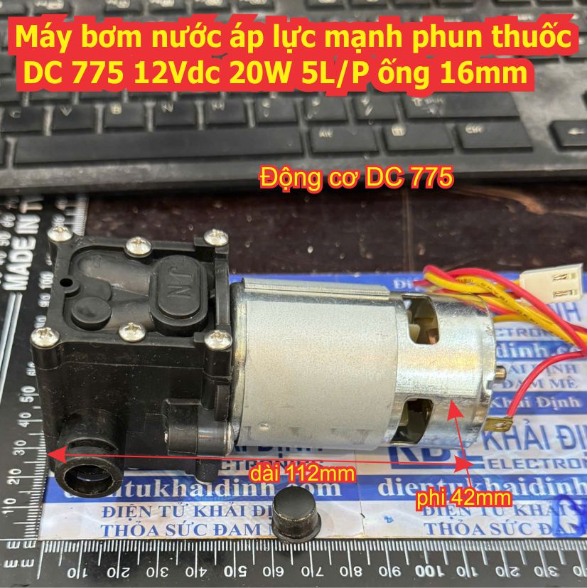 Máy bơm nước áp lực mạnh phun thuốc DC 775 12Vdc 20W 5L/P ống 16mm kde6935
