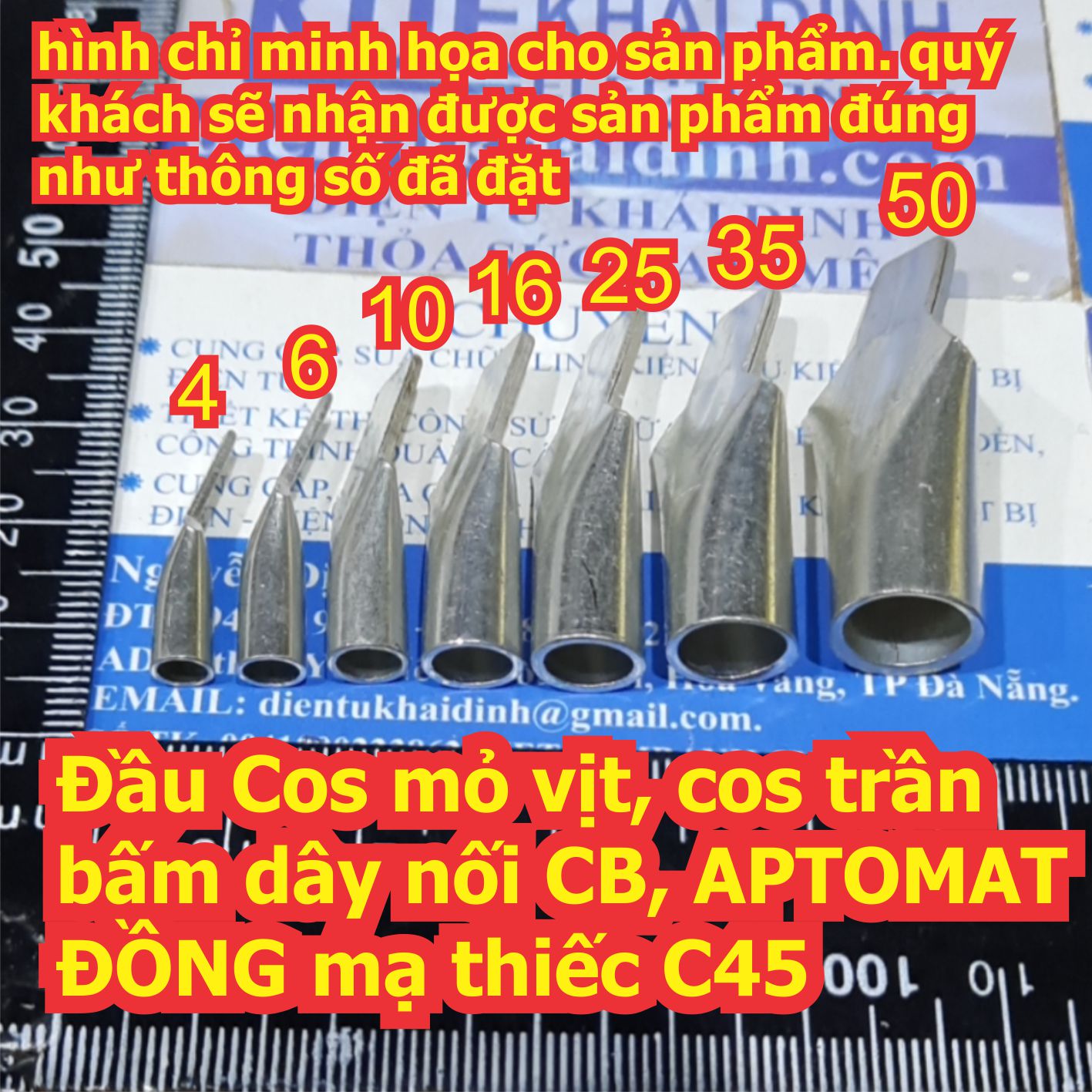 Đầu Cos mỏ vịt cốt trần bấm dây nối CB, APTOMAT… ĐỒNG mạ thiếc C45 cho dây 4mm2 ~ 50mm2 kde7103