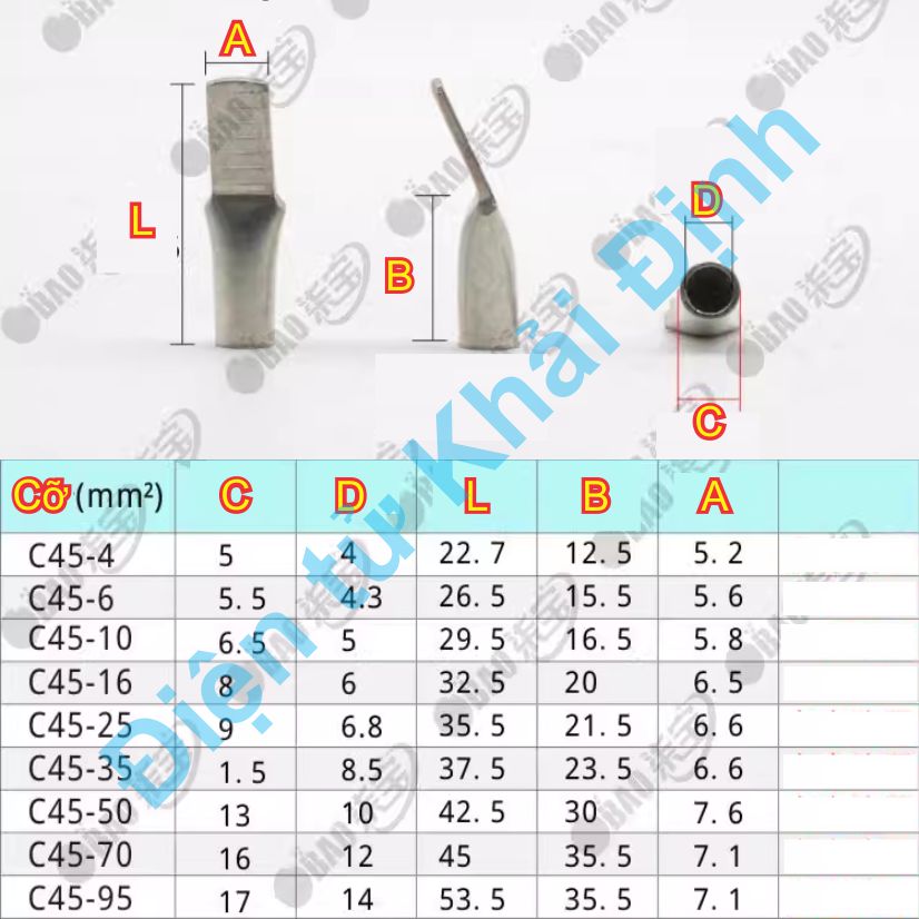Đầu Cos mỏ vịt cốt trần bấm dây nối CB, APTOMAT… ĐỒNG mạ thiếc C45 cho dây 2.5mm2 4mm2 ~ 50mm2 kde7103