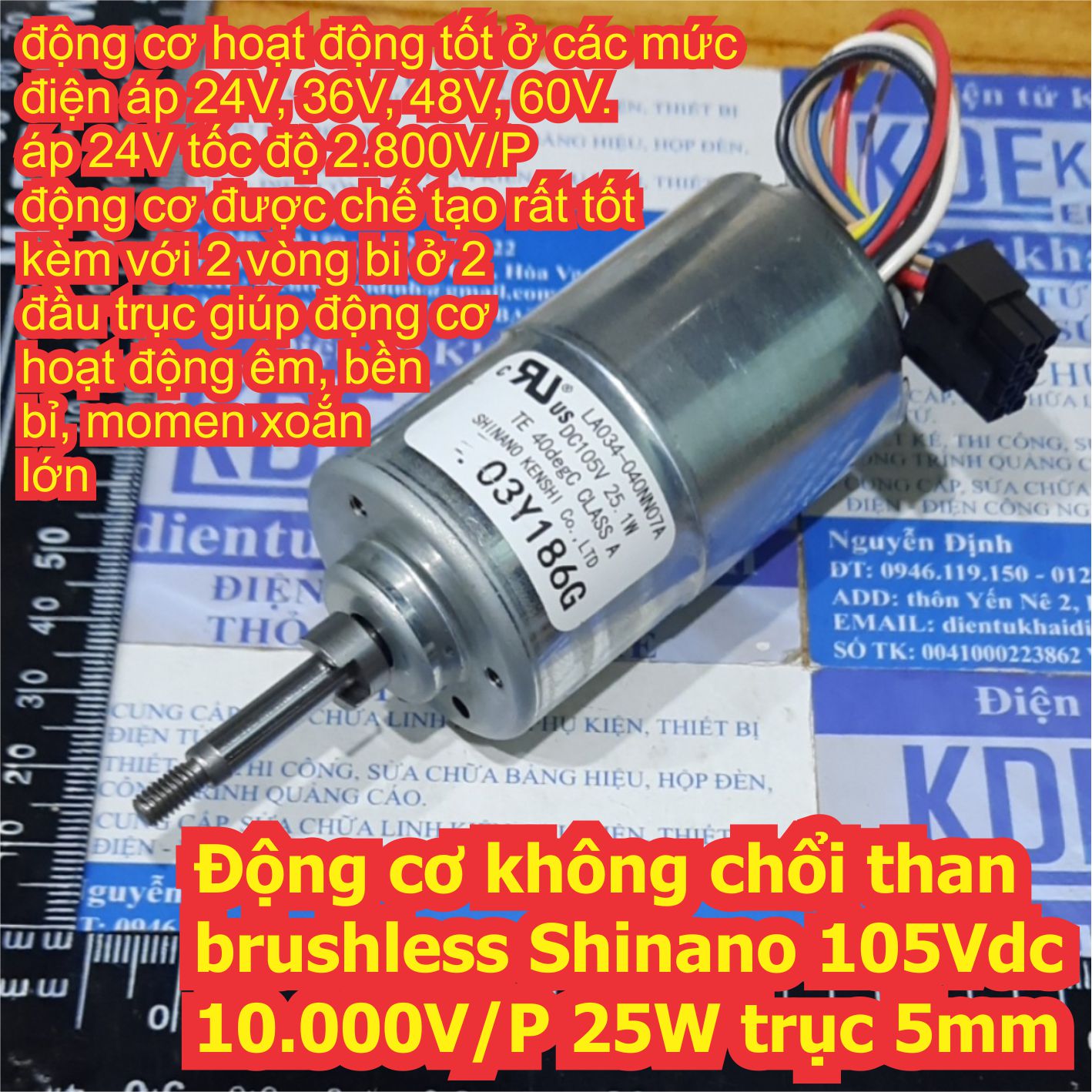 Động cơ không chổi than brushless Shinano 105Vdc 10.000V/P 25W LA034 trục 5mm chế máy phát điện kde7414
