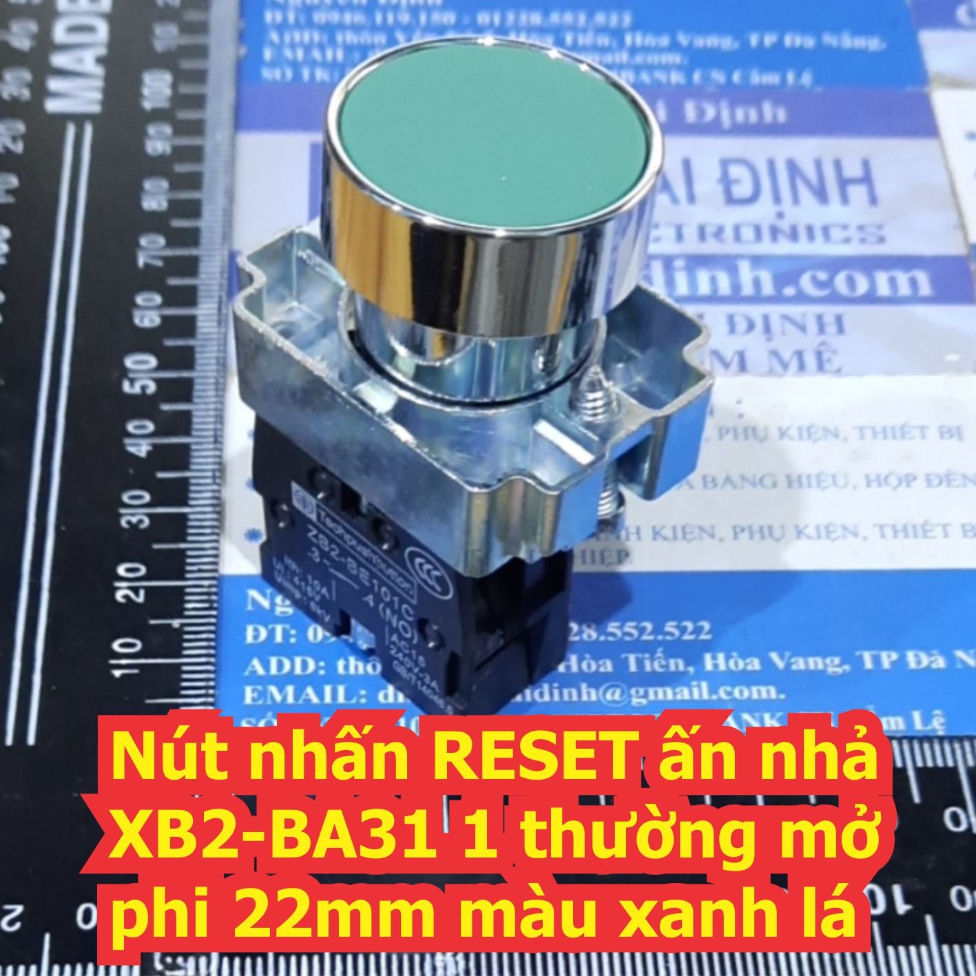 Nút nhấn tủ điện RESET, ấn nhả XB2-BA31 1 thường mở phi 22mm màu xanh lá kde7488
