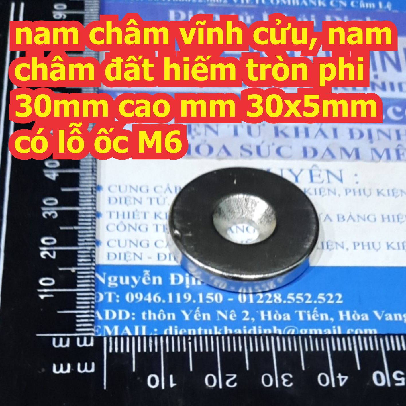 nam châm vĩnh cửu, nam châm đất hiếm tròn phi 30mm cao mm 30x5mm có lỗ ốc M6 kde7611