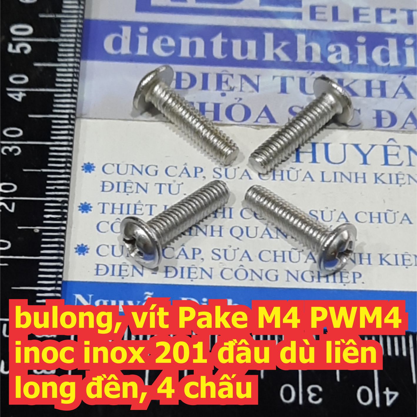 bulong bu lông vít Pake M4 PWM4 inoc inox 201 đầu dù liền long đền, 4 chấu M4 dài 6mm ~ 30mm kde7691