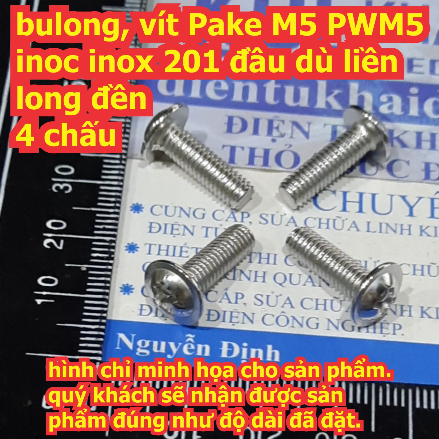 bulong bu lông vít Pake M5 PWM5 inoc inox 201 đầu dù liền long đền, 4 chấu M5 dài 6mm ~ 30mm kde7697