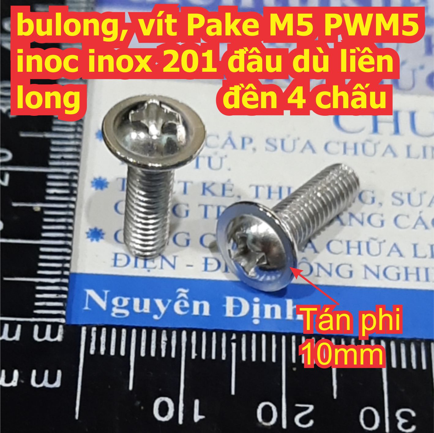 bulong bu lông vít Pake M5 PWM5 inoc inox 201 đầu dù liền long đền, 4 chấu M5 dài 6mm ~ 30mm kde7697