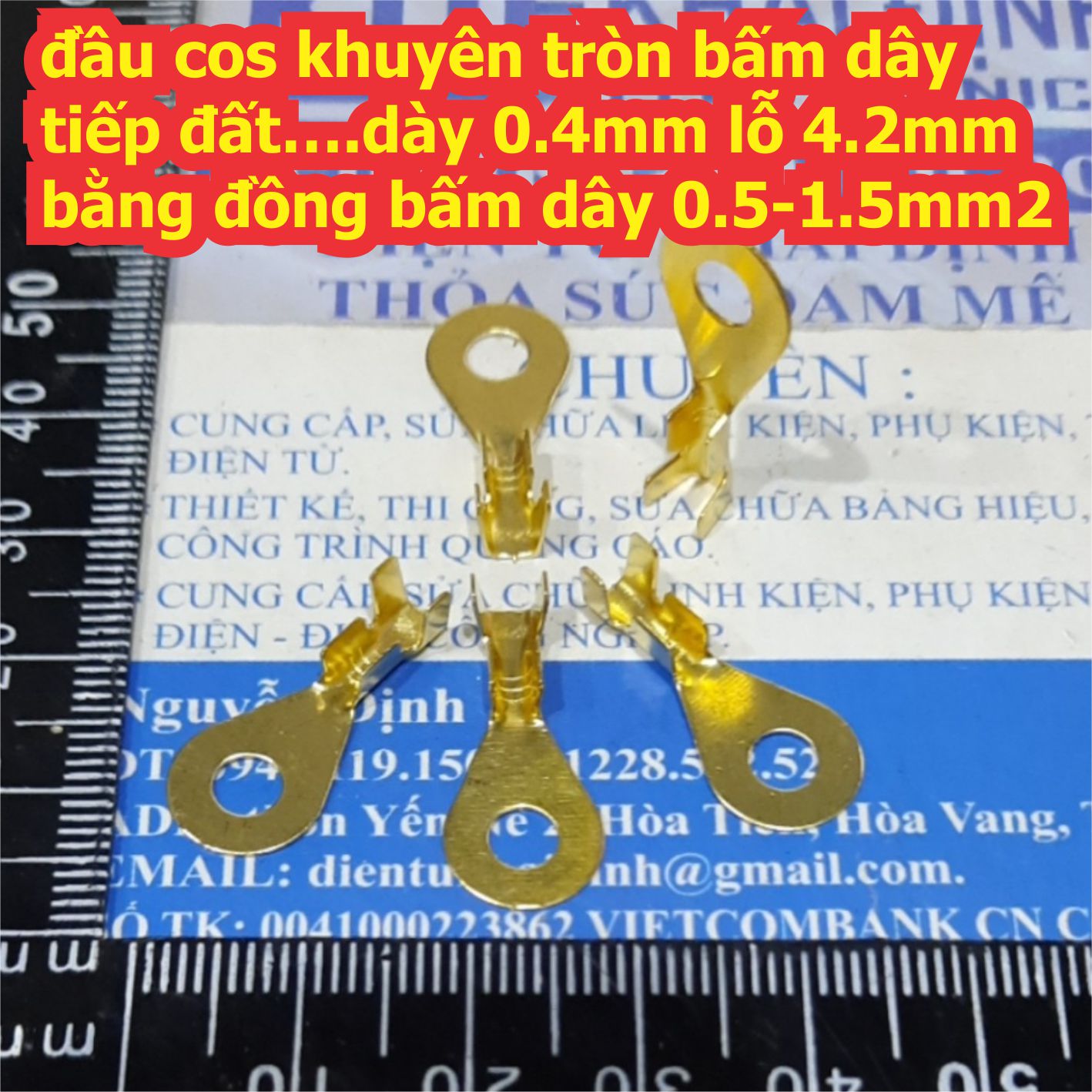 đầu cos khuyên tròn bấm dây tiếp đất….dày 0.4mm lỗ 4.2mm bằng đồng bấm dây 0.5-1.5mm2 kde7847