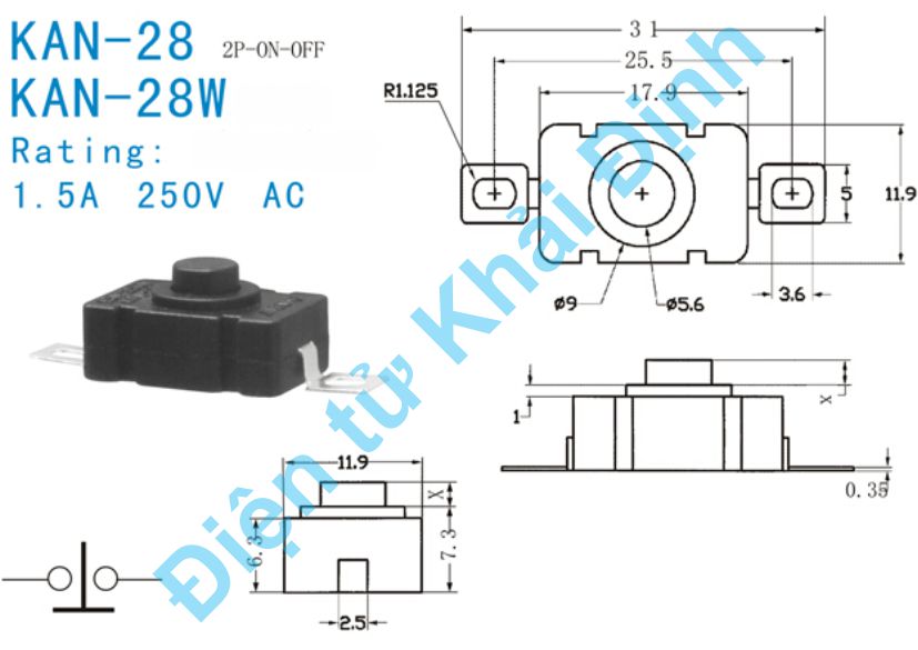 Công tắc nút nhấn đèn pin ấn giữ 2P chân dán 1.5A 250V 12x12x9.4mm kde7892