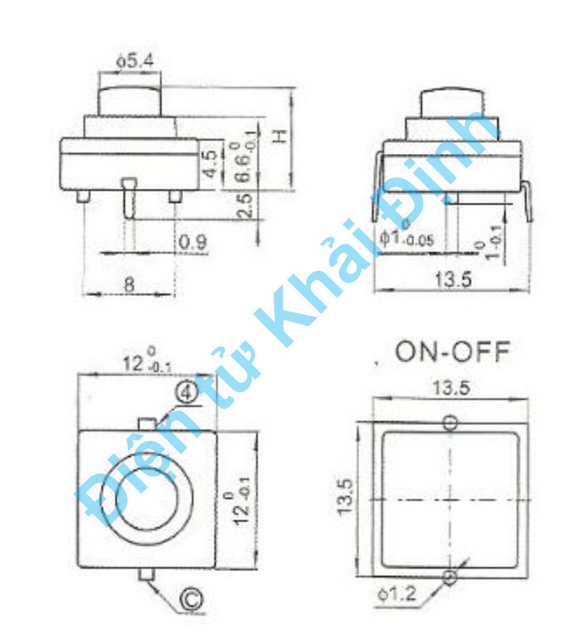 Công tắc nút nhấn đèn pin ấn giữ 2P chân cắm 1.5A 250V 12x12x9.4mm kde7893