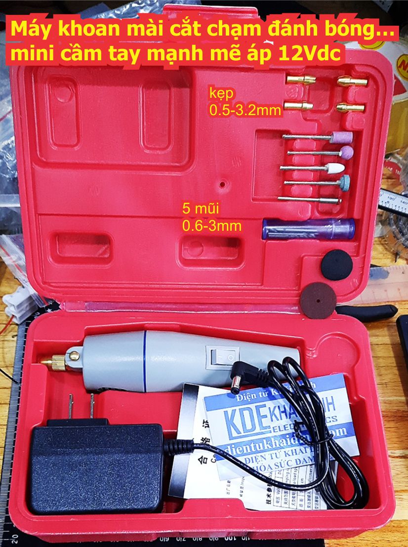 Máy khoan mài cắt chạm đánh bóng…mini cầm tay mạnh mẽ áp 12Vdc, Hộp nhựa kde7948