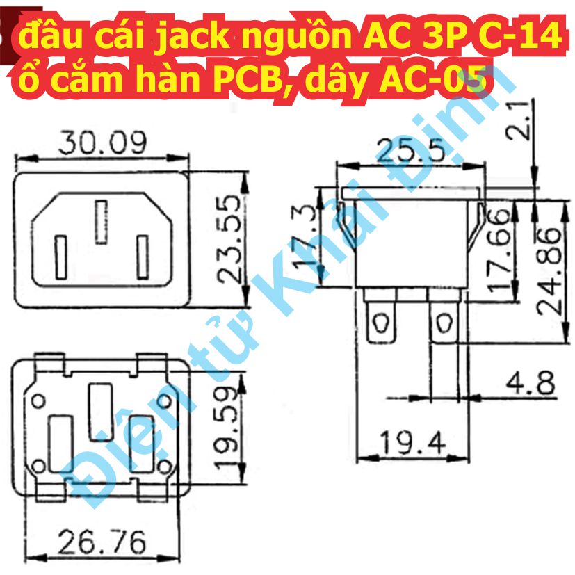 đầu cái jack nguồn AC 3P C-14 ổ cắm hàn PCB, dây AC-05 kde7949