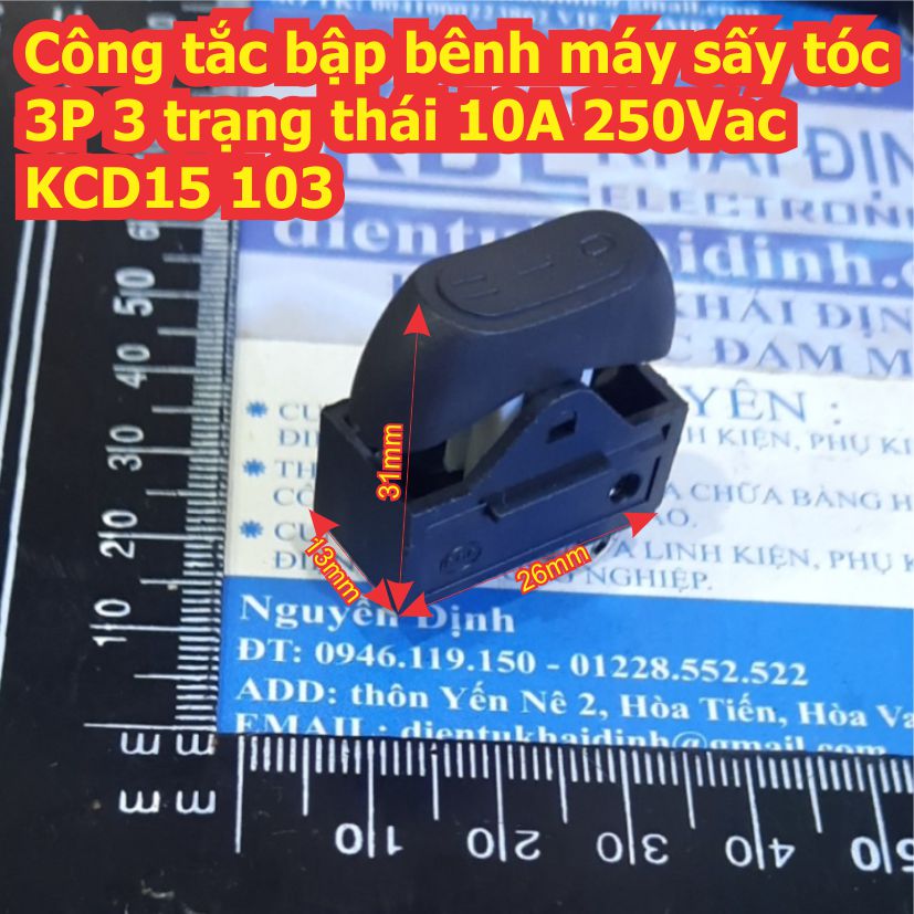 Công tắc bập bênh máy sấy tóc 3P 3 trạng thái 10A 250Vac KCD15 103 màu đỏ / xanh lá kde7955