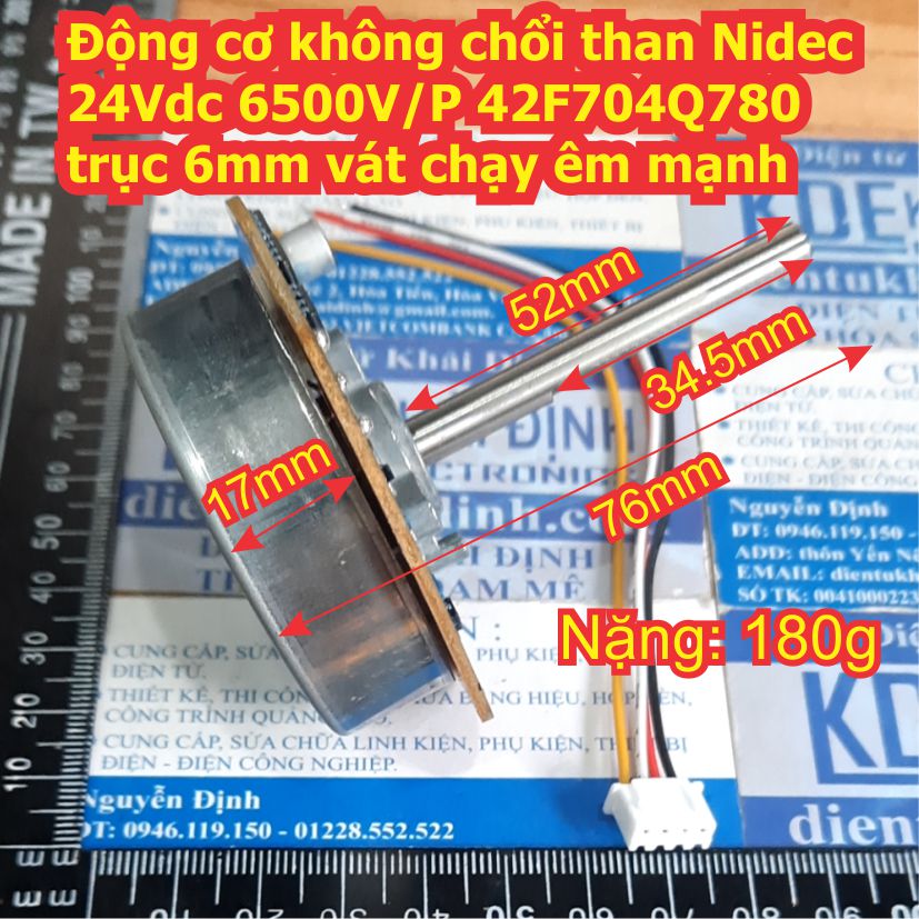Động cơ không chổi than Nidec 12 - 24Vdc 6500V/P 42F704Q780 trục 6mm vát chạy êm mạnh kde7975