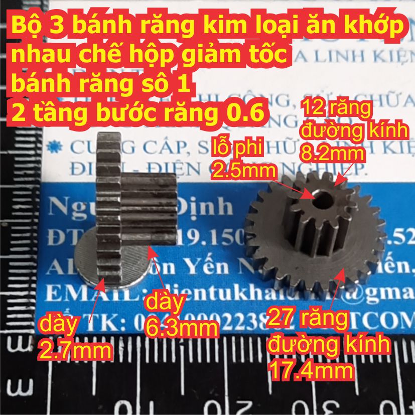 Bộ 3 bánh răng kim loại ăn khớp nhau chế hộp giảm tốc bước răng 0.6 0.8 trục 2.5mm 6mm kde7982