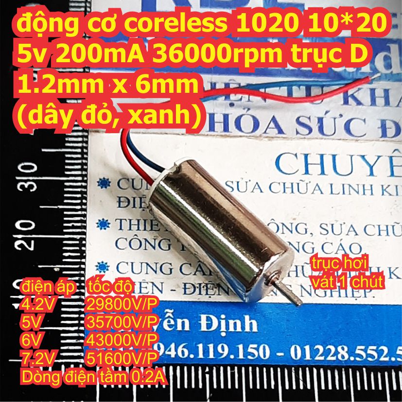 động cơ coreless 1020 10*20 5v 200mA 36000rpm trục D 1.2mm x 6mm (dây đỏ, xanh hoặc đen trắng kde8079