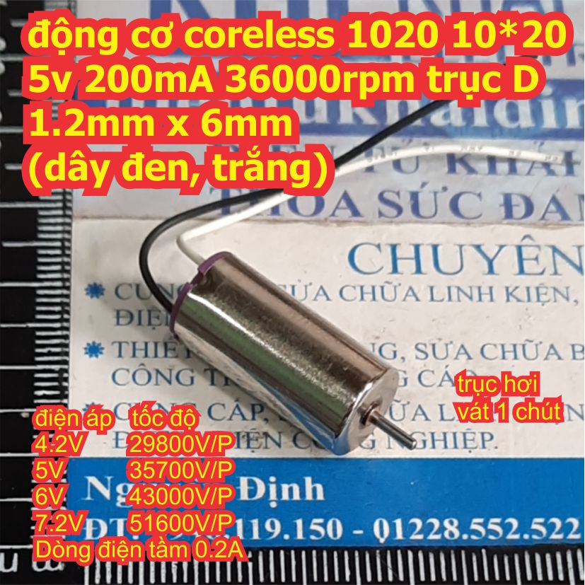 động cơ coreless 1020 10*20 5v 200mA 36000rpm trục D 1.2mm x 6mm (dây đỏ, xanh hoặc đen trắng kde8079