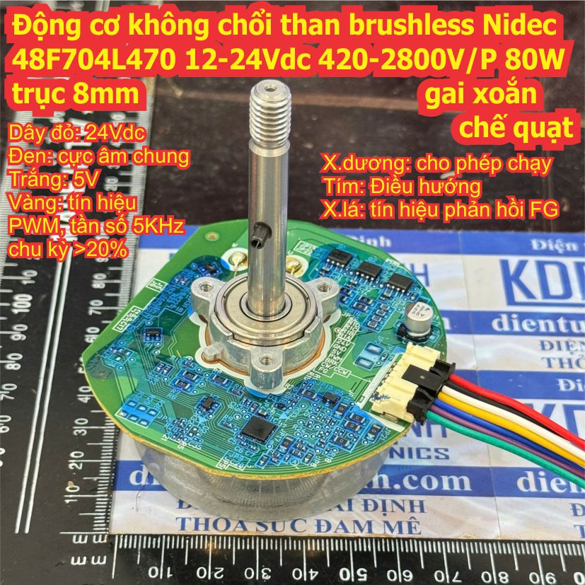 Động cơ không chổi than brushless Nidec 48F704M460 48F704L470 12-24Vdc 420-2800V/P 80W trục 8mm gai xoắn chế quạt kde8123