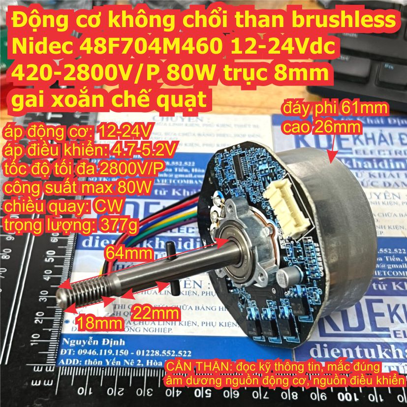 Động cơ không chổi than brushless Nidec 48F704M460 12-24Vdc 420-2800V/P 80W trục 8mm gai xoắn chế quạt kde8123