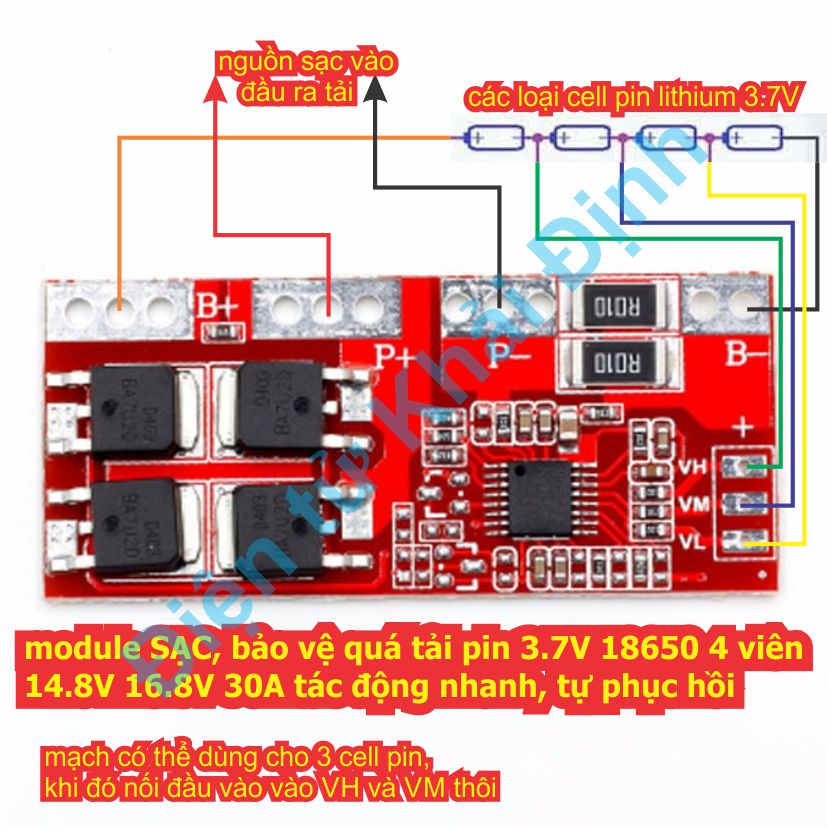module SẠC, bảo vệ quá tải pin 3.7V 18650 4 viên 4S 14.8V 16.8V 30A tác động nhanh, tự phục hồi kde8148