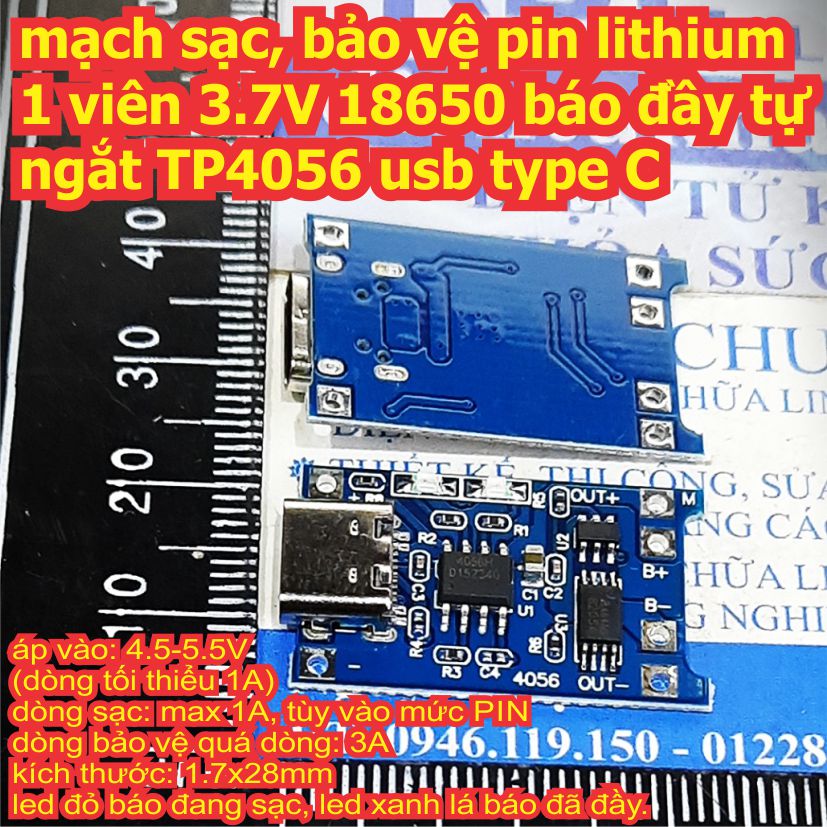 mạch sạc, bảo vệ pin lithium 1 viên 1S 3.7V 18650 báo đầy tự ngắt TP4056, usb type C kde8157