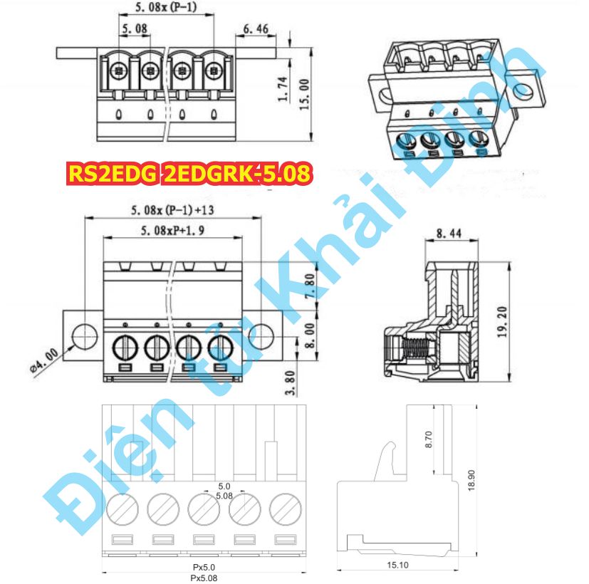 DOMINO terminal ĐẦU NỐI vặn dây 2 đầu RS2EDG 2EDGRKC 5.08 5.08MM lỗ cố định ĐỰC + CÁI 2P 3p 4P 5P 6P kde8225