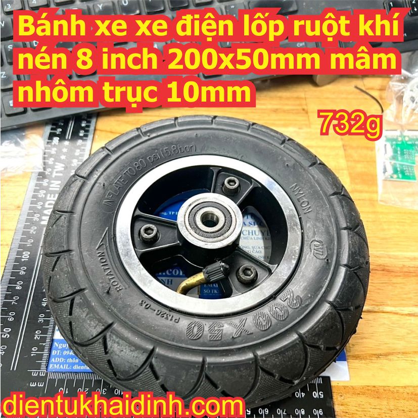 Bánh xe xe điện lốp ruột khí nén 8 inch 200x50mm mâm nhôm trục 10mm kde8299