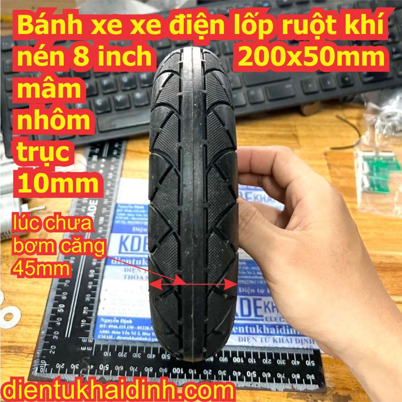 Bánh xe xe điện lốp ruột khí nén 8 inch 200x50mm mâm nhôm trục 10mm kde8299