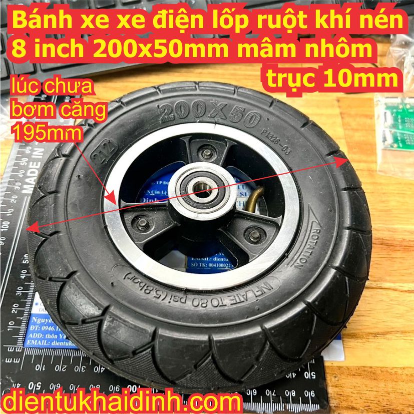 Bánh xe xe điện lốp ruột khí nén 8 inch 200x50mm mâm nhôm trục 10mm kde8299