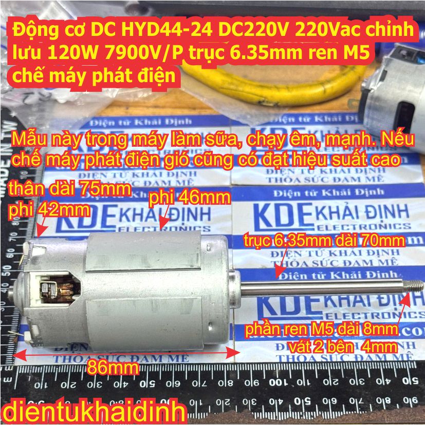 Động cơ DC HYD44-24 DC220V 220Vac chỉnh lưu 120W 7900V/P trục 6.35mm ren M5 chế máy phát điện kde8303