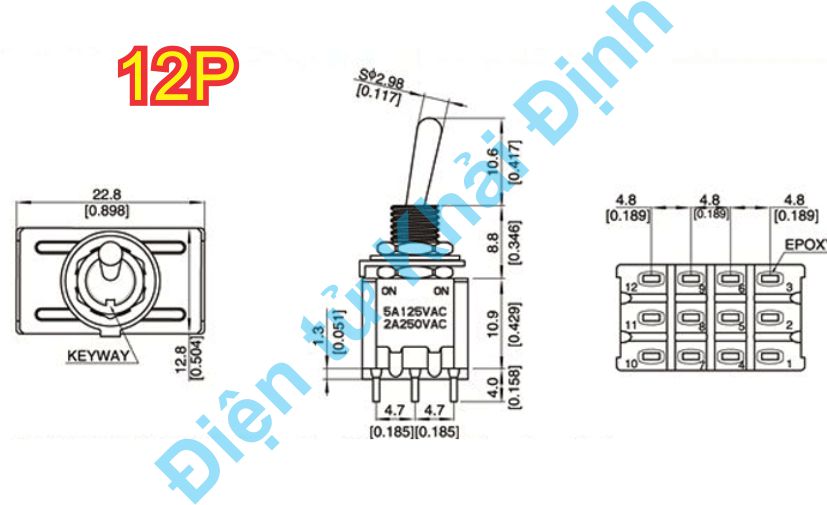 công tắc gạt 6mm MTS-402 12 chân 2 trạng thái 12P2T lỗ 6mm kde8330