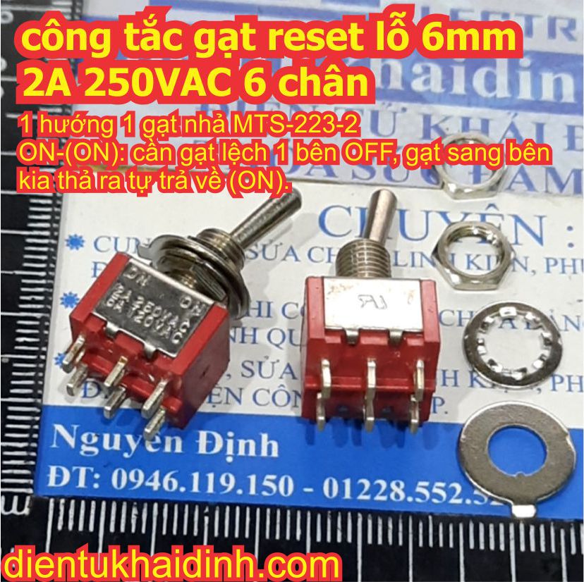 Công tắc gạt reset lỗ 6mm 2A 250VAC MTS 6 chân 1 / 2 phương, gạt nhả / giữ kde8613