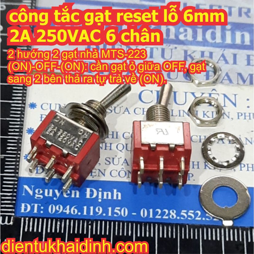 Công tắc gạt reset lỗ 6mm 2A 250VAC MTS 6 chân 1 / 2 phương, gạt nhả / giữ kde8613