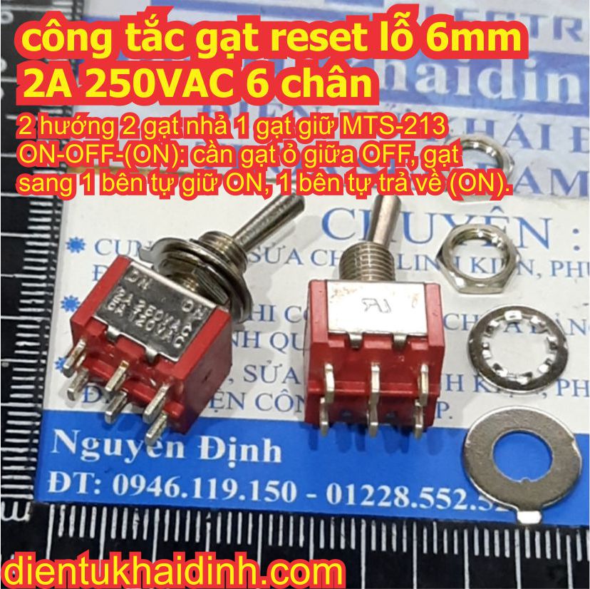 Công tắc gạt reset lỗ 6mm 2A 250VAC MTS 6 chân 1 / 2 phương, gạt nhả / giữ kde8613