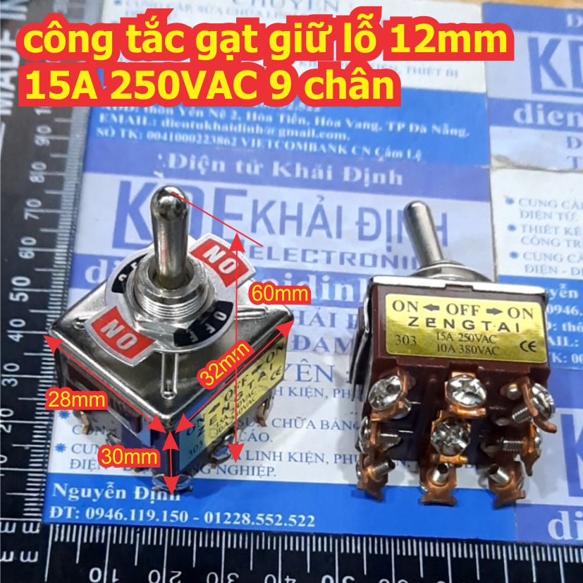 Công tắc gạt giữ lỗ 12mm 15A 250VAC E-TEN 9 / 12 chân 2 / 3 trạng thái kde8620