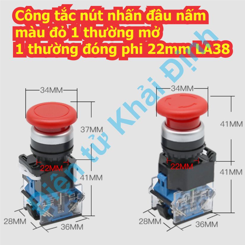 Công tắc nút nhấn đầu nấm màu đỏ ấn nhả / ấn giữ 1 thường mở 1 thường đóng phi 22mm LA38 11M 11ZS kde8838